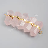 Gold Plated Hexagon Natural Rose Quartz Faceted Connector Double Bails G1011