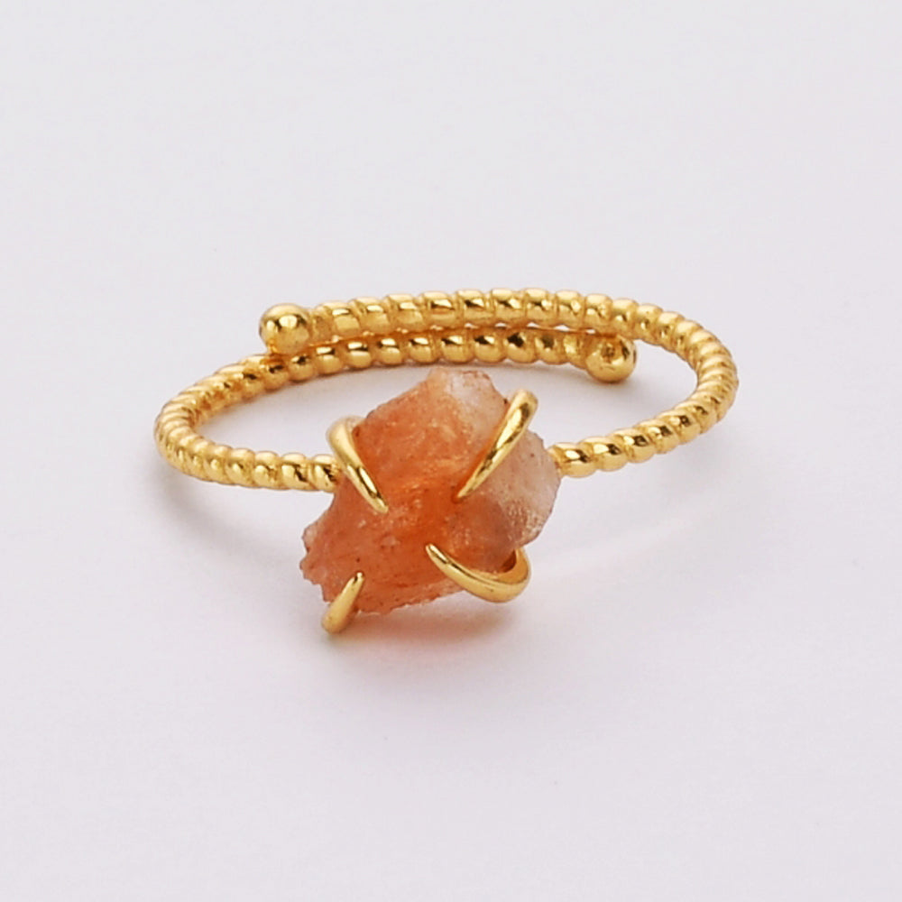 S925 Sterling Silver Claw Gold Plated Rainbow Raw Gemstone Ring, Healing Crystal Stone Ring, Adjustable SS205 sunstone ring