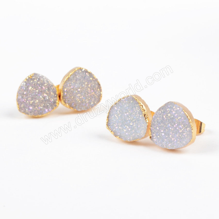 Triangle 12mm Natural Titanium AB White Druzy Stud Earrings Gold Plated Jewelry G0881