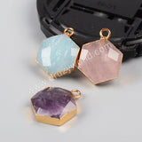 Hexagon Gemstone Faceted Charm Gold Plated, Amethyst Rose Quartz Amazonite Charm G0949