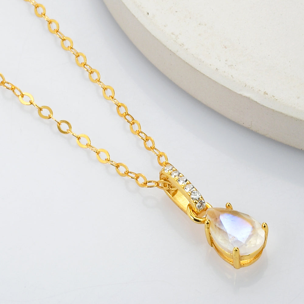 15.5" Sterling Silver Moonstone Teardrop Necklace, Faceted Healing Crystal Necklace, Dainty Jewelry LM040