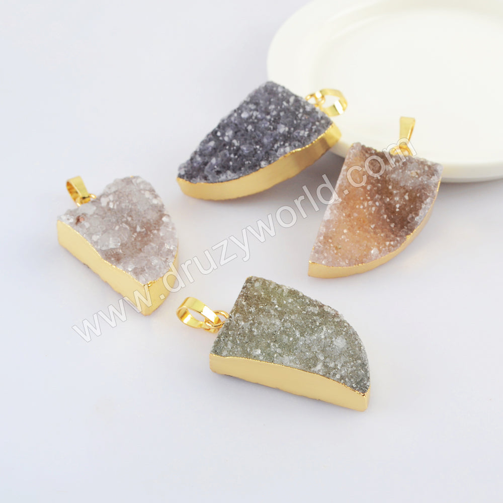 Gold Plated Horn Shape Natural Colors Agate Druzy Pendant G2024