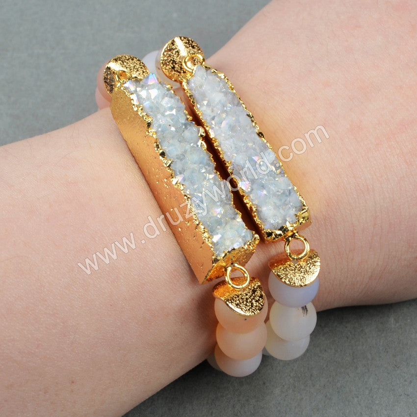 Gold Rectangle AB Colorr Druzy Bracelet,10mm Agate Beads Bracelet Jewelry G0608