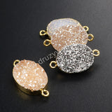 Gold Plated Oval Natural Agate Titanium Rainbow Druzy Connector G1073