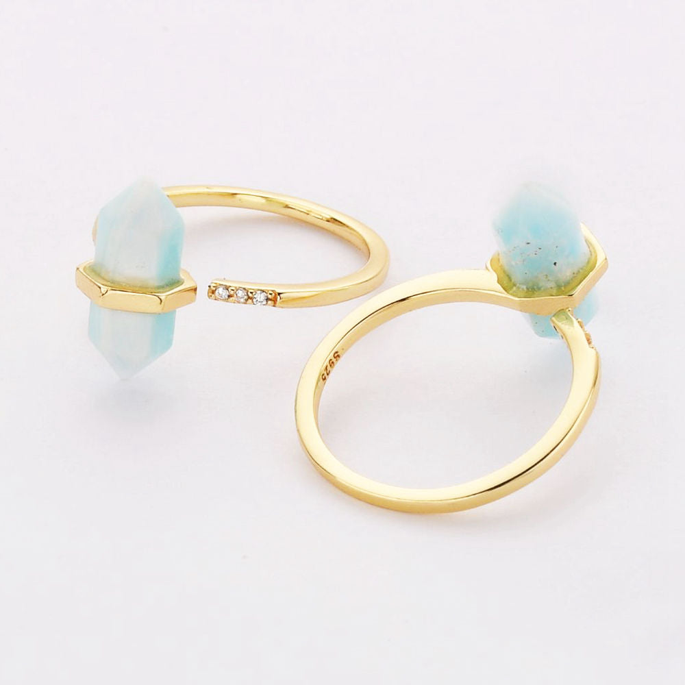 CZ Gold Plated Natural Gemstone Crystal Terminated Point Rings Faceted Turquoise Moonstone Larimar Rhodochrosite Labradorite Ring ZG0461
