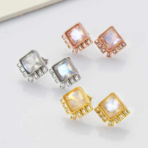 S925 Sterling Silver Diamond Square Moonstone Faceted Stud Earrings, Zircon Pave Crystal Fashion Jewelry SS251EG
