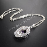 Silver Plated Natural Color Freeform Natural Onyx Druzy Drusy Agate Slice Pendant Inlay Natural Amethyst