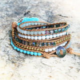 Silver Blue Howlite Turquoise Leather Bracelet, Rainbow Gemstone Gold Beads, Boho Jewelry HD0071