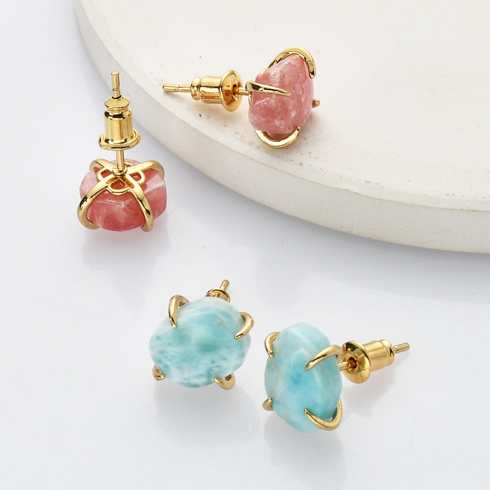 Gold Natural Rhodochrosite Claw Stud Earrings, Larimar Studs, Healing Gemstone Earrings ZG0497