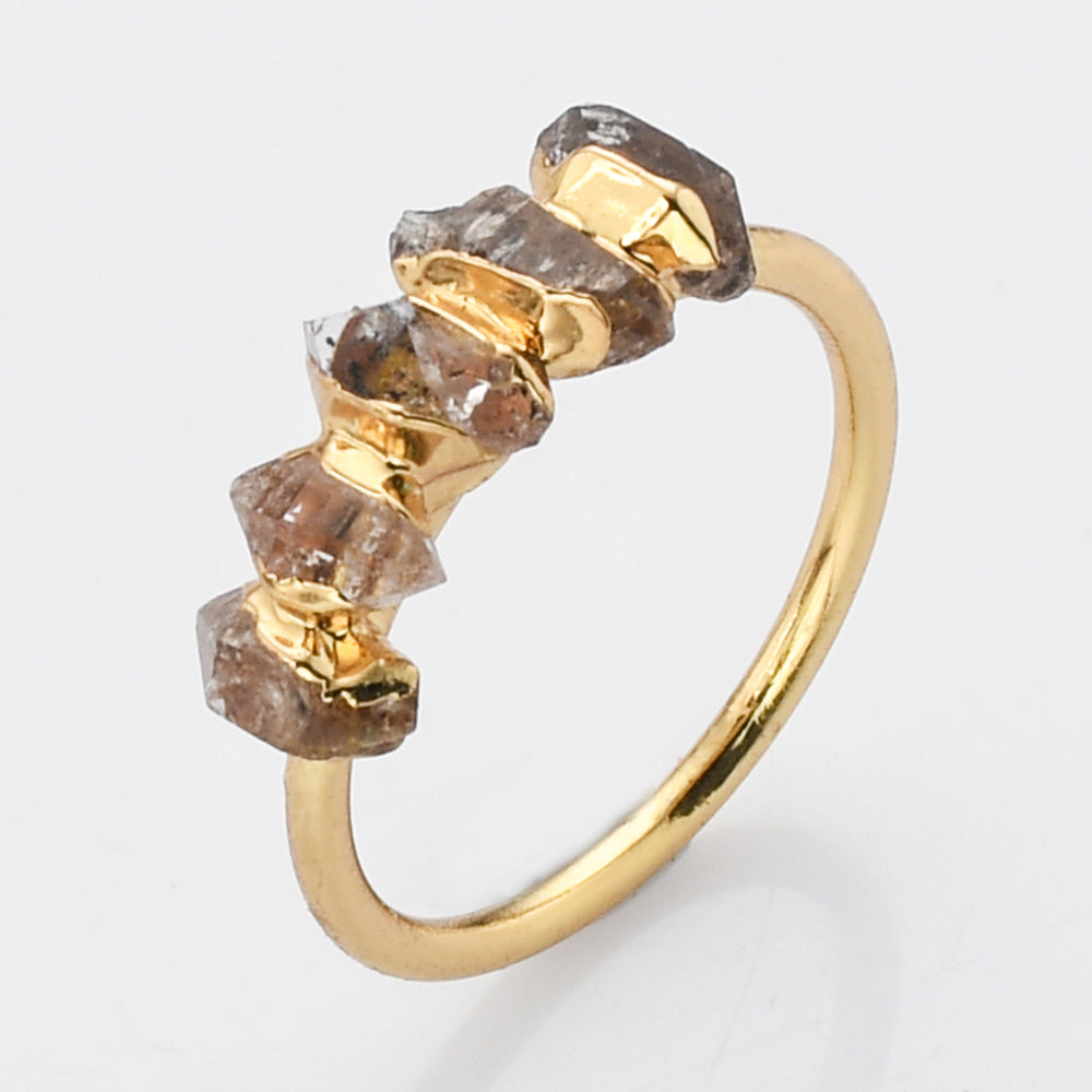 Gold Plated Multi Raw Herkimer Faceted Ring, Healing Crystal Quartz Ring G2098