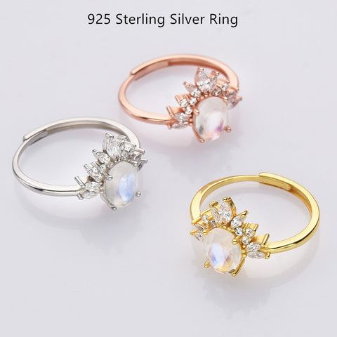 S925 Sterling Silver Oval Moonstone Faceted CZ Ring, Adjustable Zircon Crown Ring Jewelry SS238RG