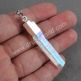 Silver Plated Raw Natural Angel Aura Quartz Titanium AB White Crystal Point Pendant S0061