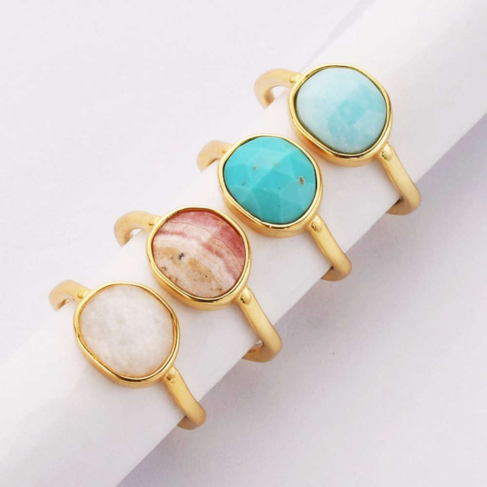 Natural Gemstone Crystal Faceted Rings In Gold Plated Brass Bezel Turquoise Moonstone Larimar Rhodochrosite Ring Fashion Jewelry ZG0460