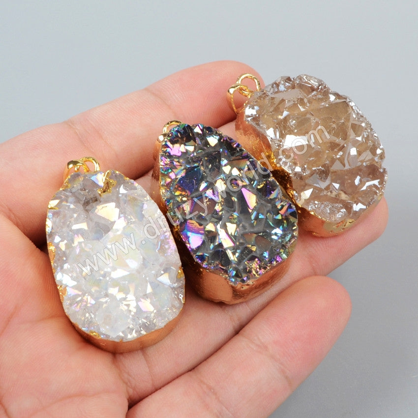 Rough Titanium AB Color Druzy Pendant Bead Gold Plated G1049