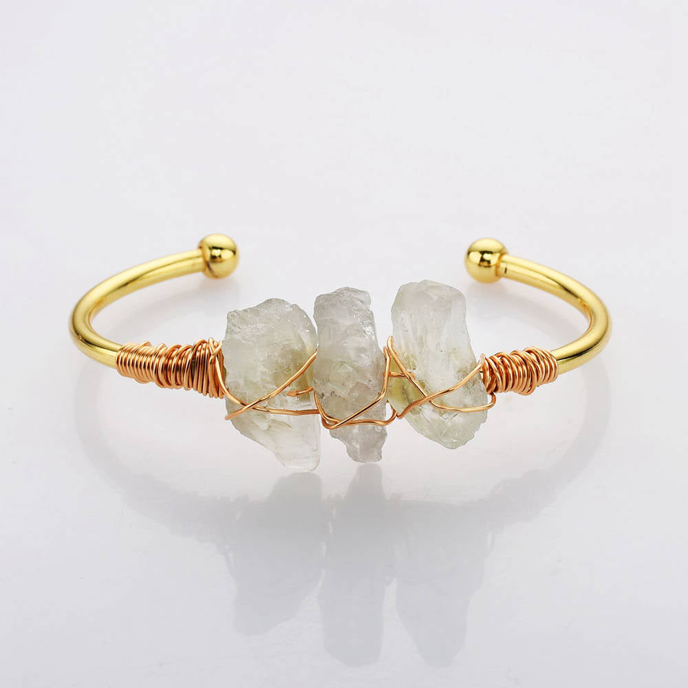 Gold Plated Brass Wire Wrap Natural Amethyst White Quartz Bangle Bracelet Crystal Gmstone Bracelet Jewelry WX2077 White Quartz Bracelet