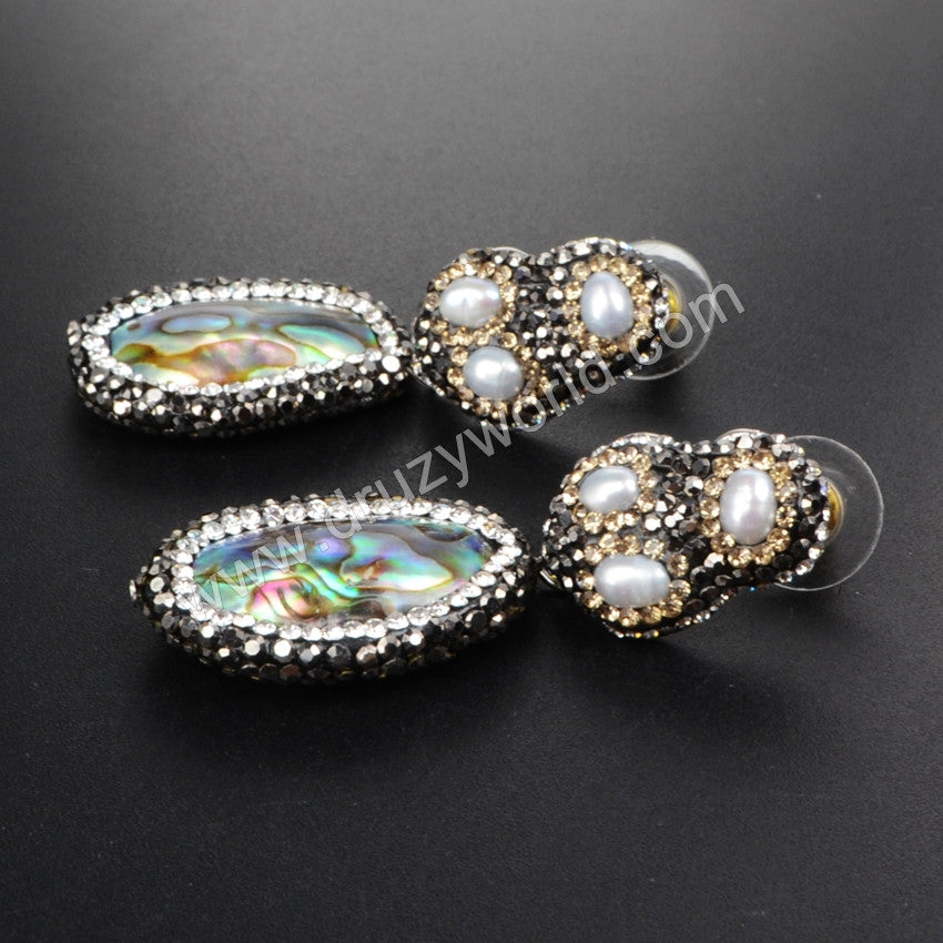 Rhinestone Pearl Natural Abalone Shell Dangle Stud Earrings JA360