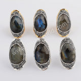 Tear Drop Rhinestone Pave Labradorite Crystal Facted Gold Band Ring JAB957