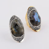 Tear Drop Rhinestone Pave Labradorite Crystal Facted Gold Band Ring JAB957