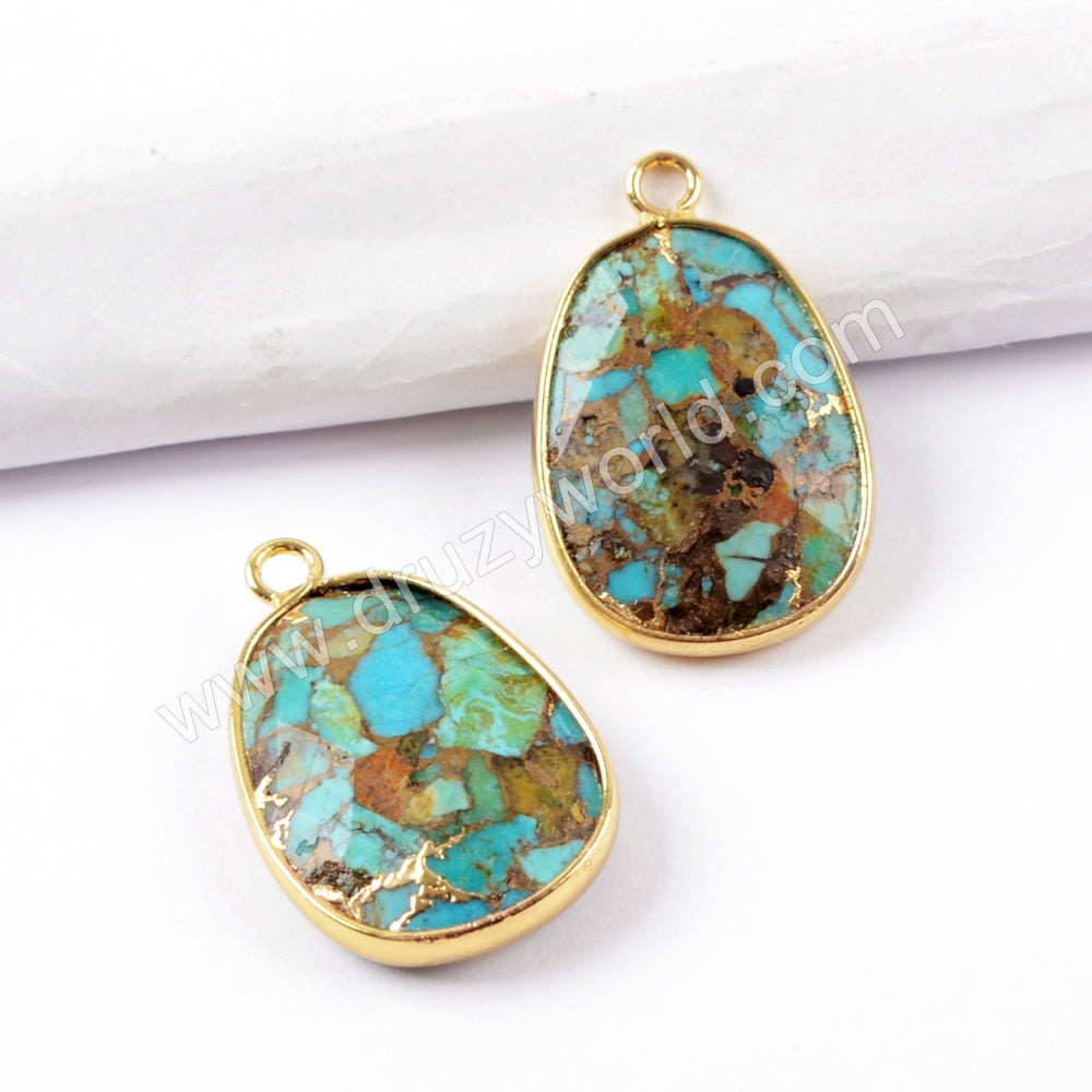 18K Bezel Copper Goldline Turquoise Charm For Jewelry Making Silver Plated S1632