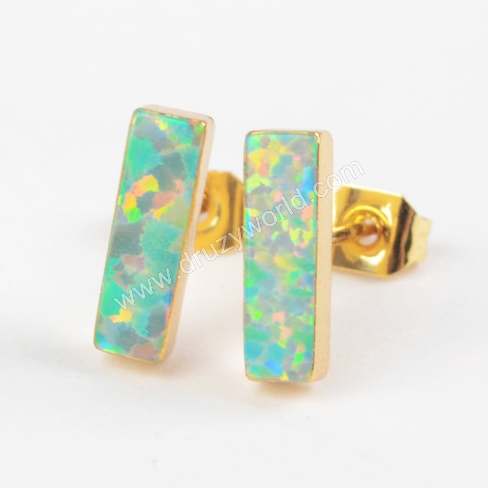 Rectangle Blue Opal Studs Earring Gold Plated, Opal Bar Jewelry Earrings G1423