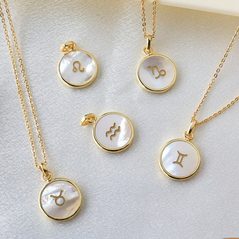 16" Zodiac Necklaces,Gold Round White Shell Carved Constellation Necklace, Sea Shell Beach Shell Coin Jewelry KZ010