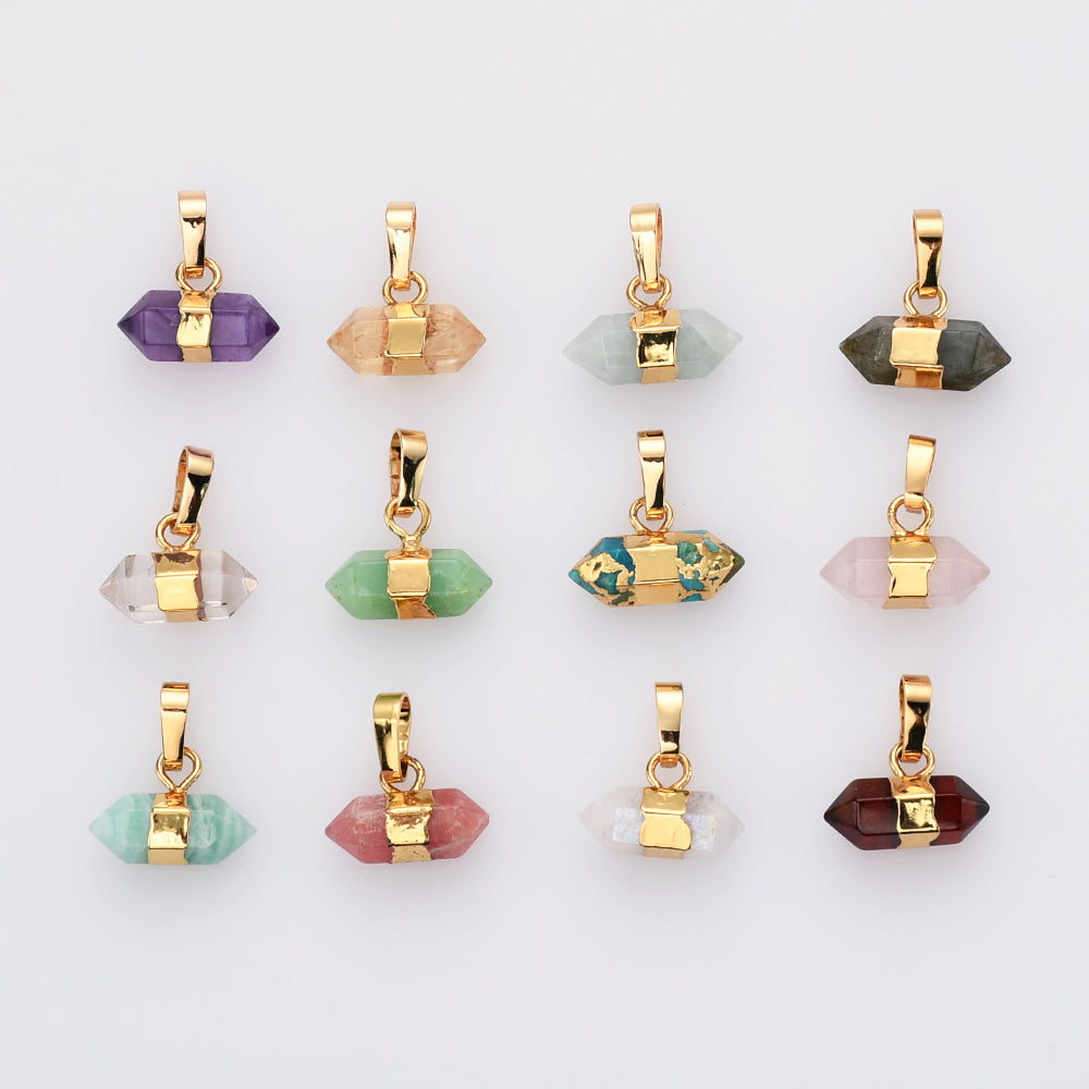 Small Hexagon Gold Plated Rainbow Natural Gemstone Pendant, Terminated Point, Faceted Healing Crystal Stone Pendant, Birthstone Jewelry G2089