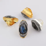 Tear Drop Rhinestone Pave Labradorite Crystal Facted Gold Band Ring JAB957