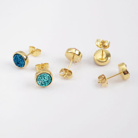 8mm Round Natural Agate Titanium Rainbow Gold Druzy Geode Stud Earrings  ZG0328