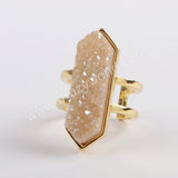 Hexagon Gold Plated Bezel Natural Agate Titanium Rainbow Druzy Open Ring ZG0425