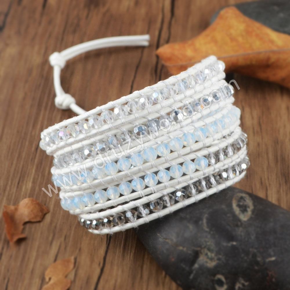 Bohemian 4mm White Glass Quartz Beads 5-Layers Leather Wrap Bracelet, Handmade Boho Jewelry HD0108