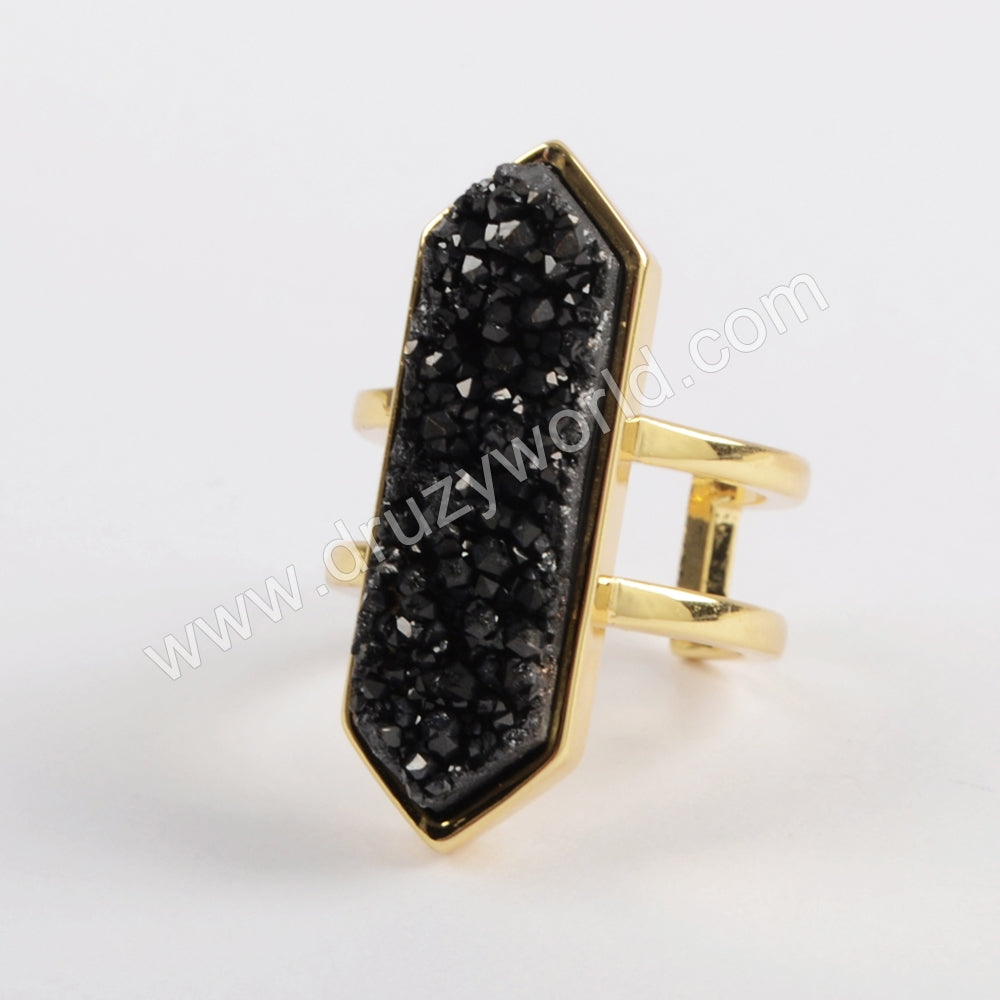 Hexagon Black Druzy Ring, Gold Plated Ring,Black Druzy Ring