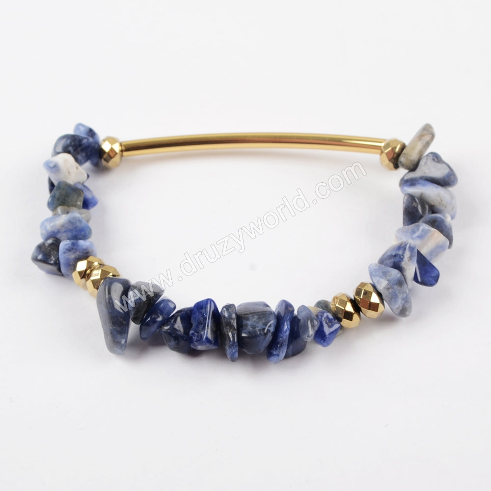 The Gold Tube With Multi-kind Stone Beads Faceted Beads Bracelet Bangle G1484