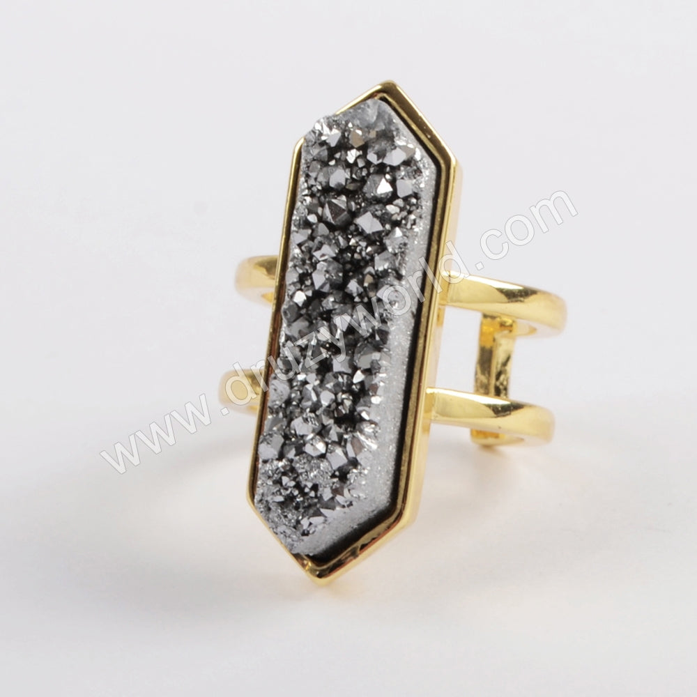 Hexagon Silver Druzy Ring,Silver Gold Plated Ring