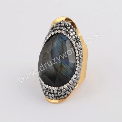 Tear Drop Rhinestone Pave Labradorite Crystal Facted Gold Band Ring JAB957