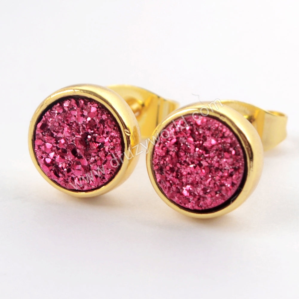 Round 8mm Gold Plated Bezel Natural Agate Titanium Rainbow Druzy Stud Earrings ZG0328