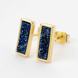 Gold Plated Bezel Rectangle Rainbow Titanium Druzy Bar Stud Earrings ZG0280