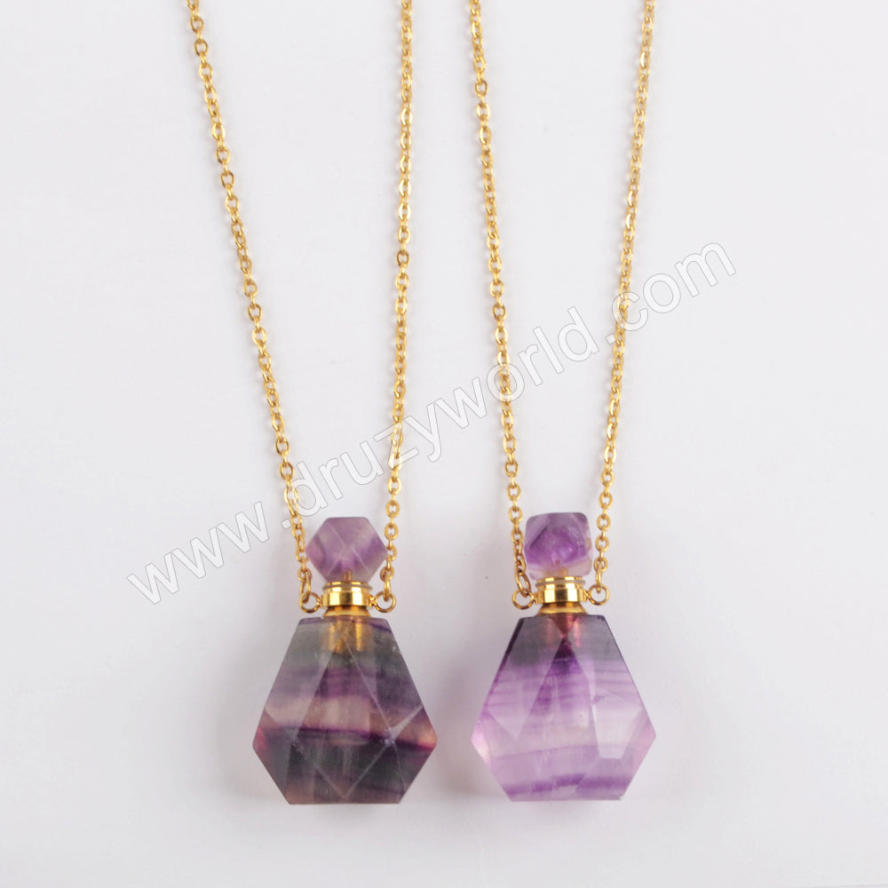 Genuine Colorful Fluorite Perfume Bottle Necklace Gold PB001-N