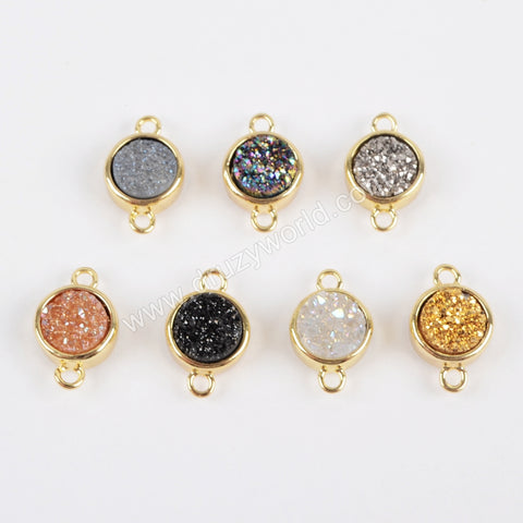 Gold Plated Bezel Round Rainbow Titanium Druzy Connector ZG0152