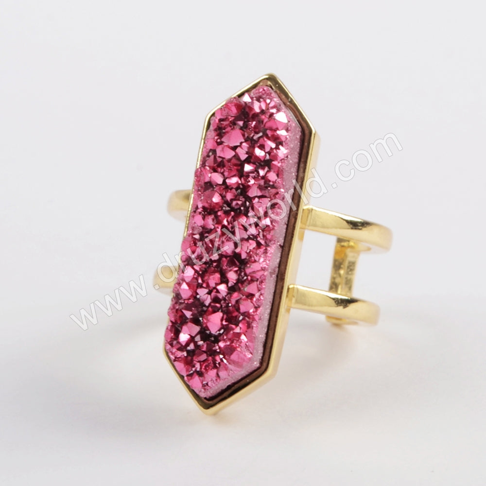 Hexagon Pink Druzy Ring ,Pink Gold Plated Ring