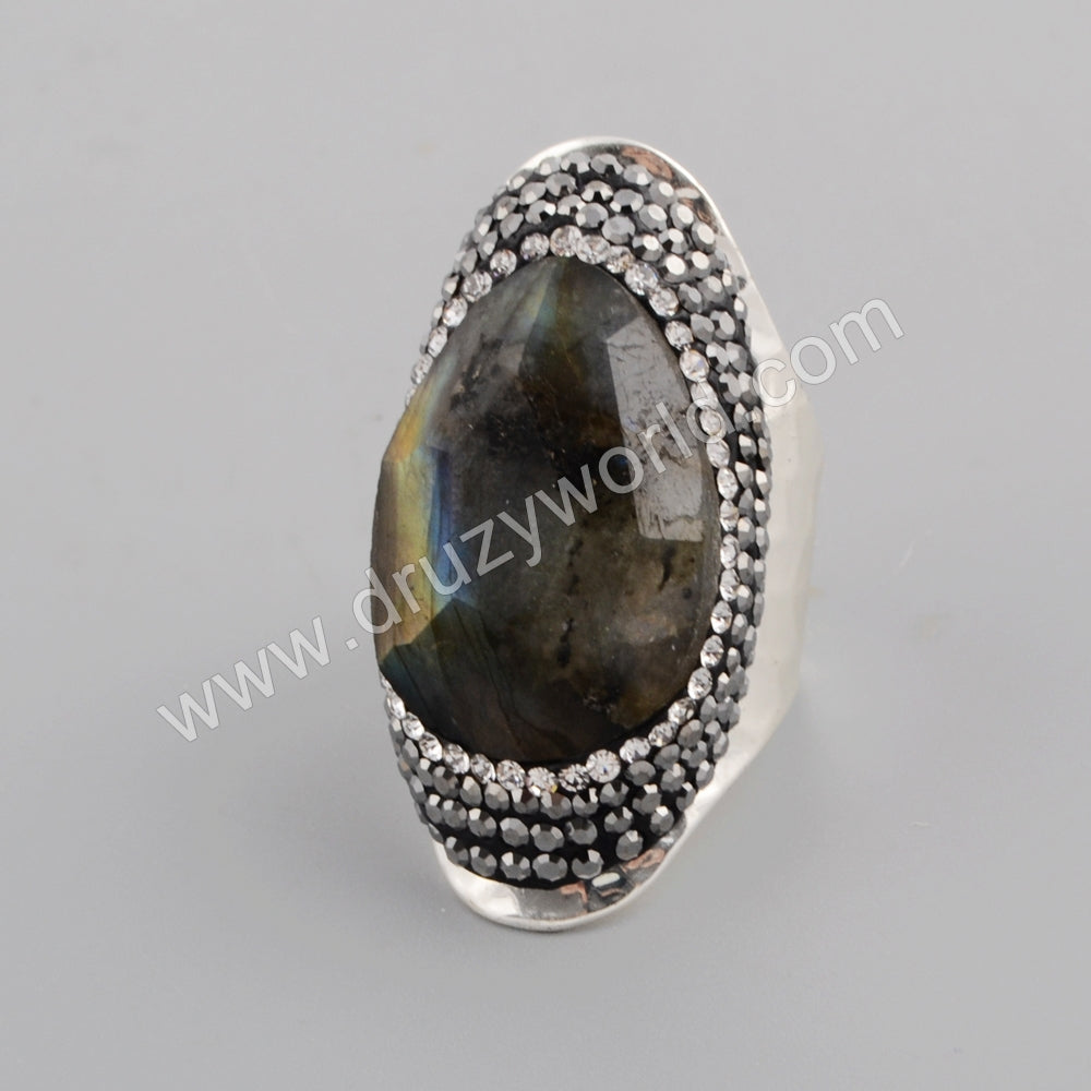 Tear Drop Rhinestone Pave Labradorite Crystal Facted Gold Band Ring JAB957