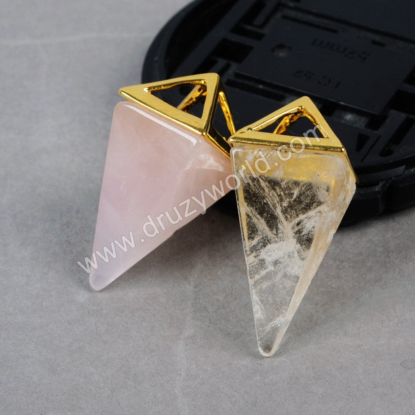 Hollow Gold Plated Pyramid Multi-Kind Stones Faceted Pendant Bead G0659