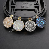 Gold Plated Round 12mm Rainbow Natural Agate Titanium Druzy Charm G1075