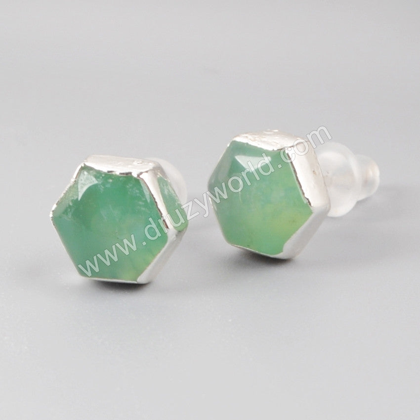 S925 Sterling Silver Hexagon Natural Australia Jade Stud Earrings SS050