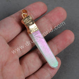 Gold Plated Raw Titanium AB White Natural Aura Crystal Quartz Point Pendant G0061