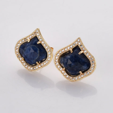 Teardrop Gold Plated Claw Natural Blue Sodalite Amazonite Micro Pave Stud Earrings, Faceted Crystal Stone Post Earrings, Fashion Jewelry WX2145