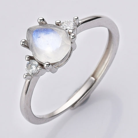 S925 Sterling Silver Drop Natural Moonstone Ring Zircon Pave Ring, Adjustable Ring, Dainty Crystal Jewelry Ring SS233RG