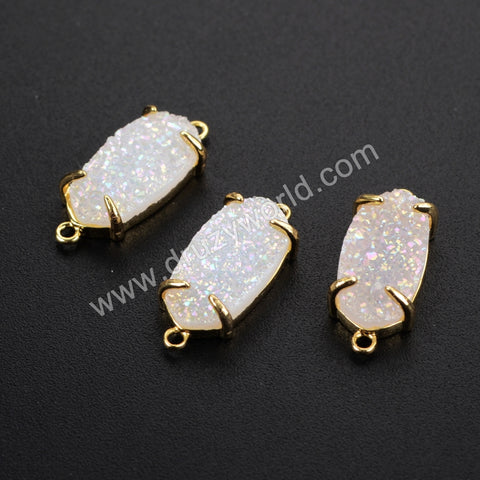 Hexagon Gold Plated Claw Natural Agate Titanium Druzy Connector, For Jewelry Making ZG0135