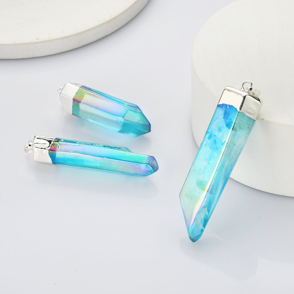 Polished Silver Plated Aqua Aura Crystal Point Pendant Beads, Raw Titanium Blue Quartz Jewelry S0360