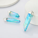 Polished Silver Plated Aqua Aura Crystal Point Pendant Beads, Raw Titanium Blue Quartz Jewelry S0360-2