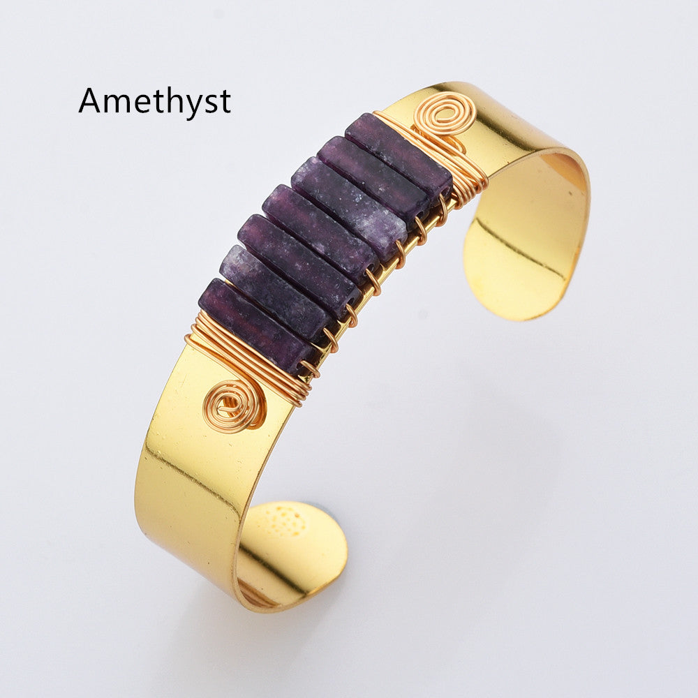 Gold Plated Brass Wire Wrap Gemstone Bangle Bracelet, Crystal Stone Cuff WX2197